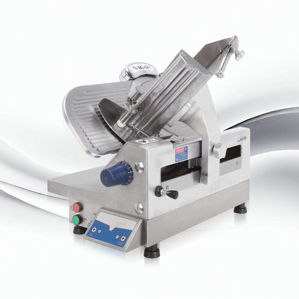 Krajalnica półautomatyczna S2-712 o wędlin i sera ze wspomaganym trybem pracy ręcznej - widok z przodu